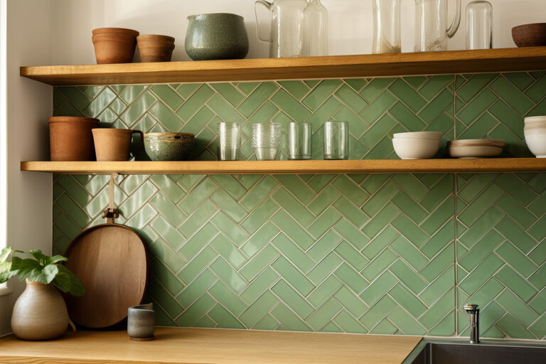 Vintage Green Tile Backsplash Design: Scandinavian Tiled Kitchen