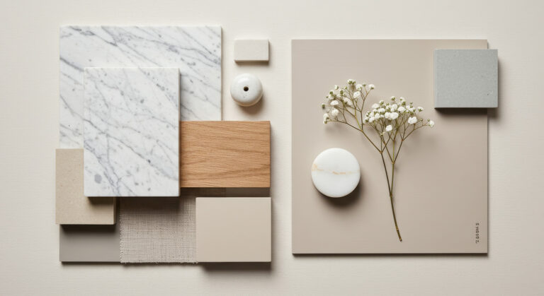Interior design mood board featuring marble wood and neutral color swatches