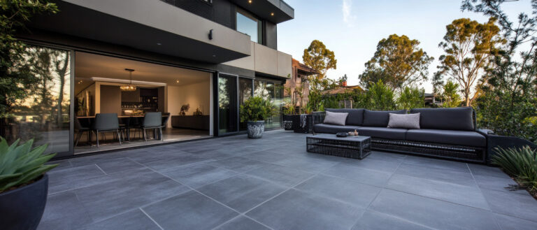Outdoor terrace area with grey floor tile with sitting area